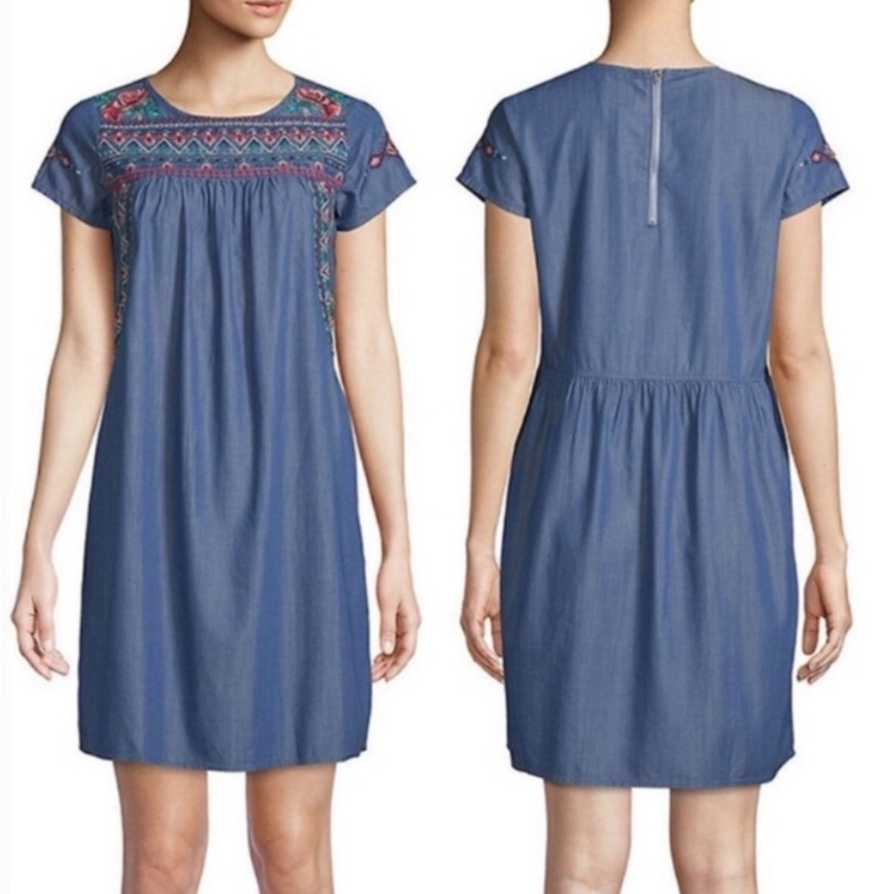 Driftwood Ella Embroidered Chambray Shift Dress Womens Small Floral Artsy Boho